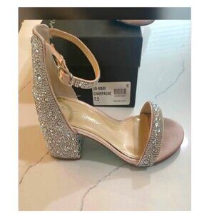 Betsey Johnson 7.5 SB-Mari Champagne Chunky Heel Jeweled Formal Sandals